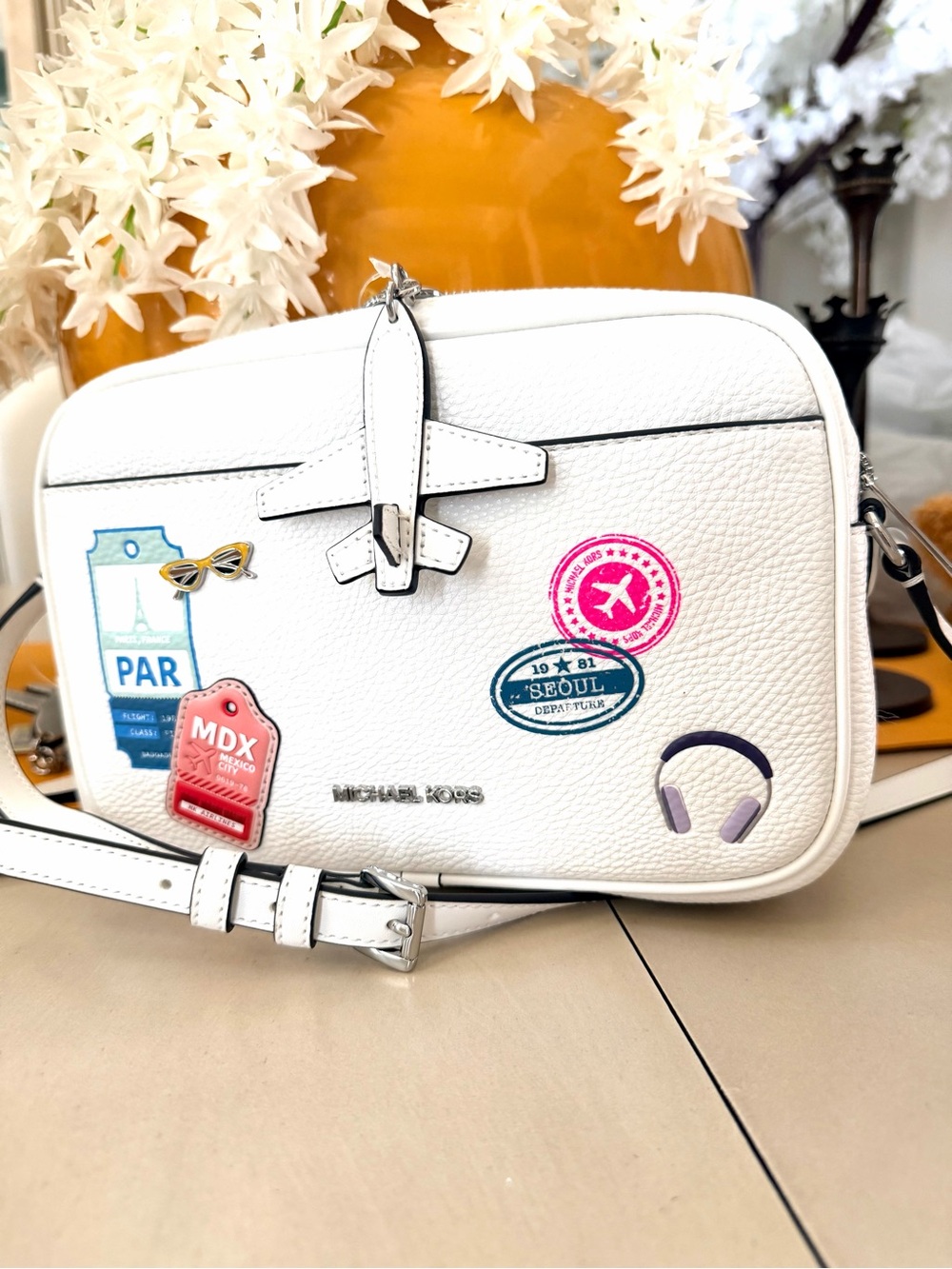 Michael Kors White Pebbled Leather Travel Patch Crossbody